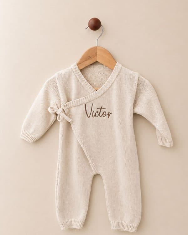 tenue de naissance personnalisée 3 pièces beige